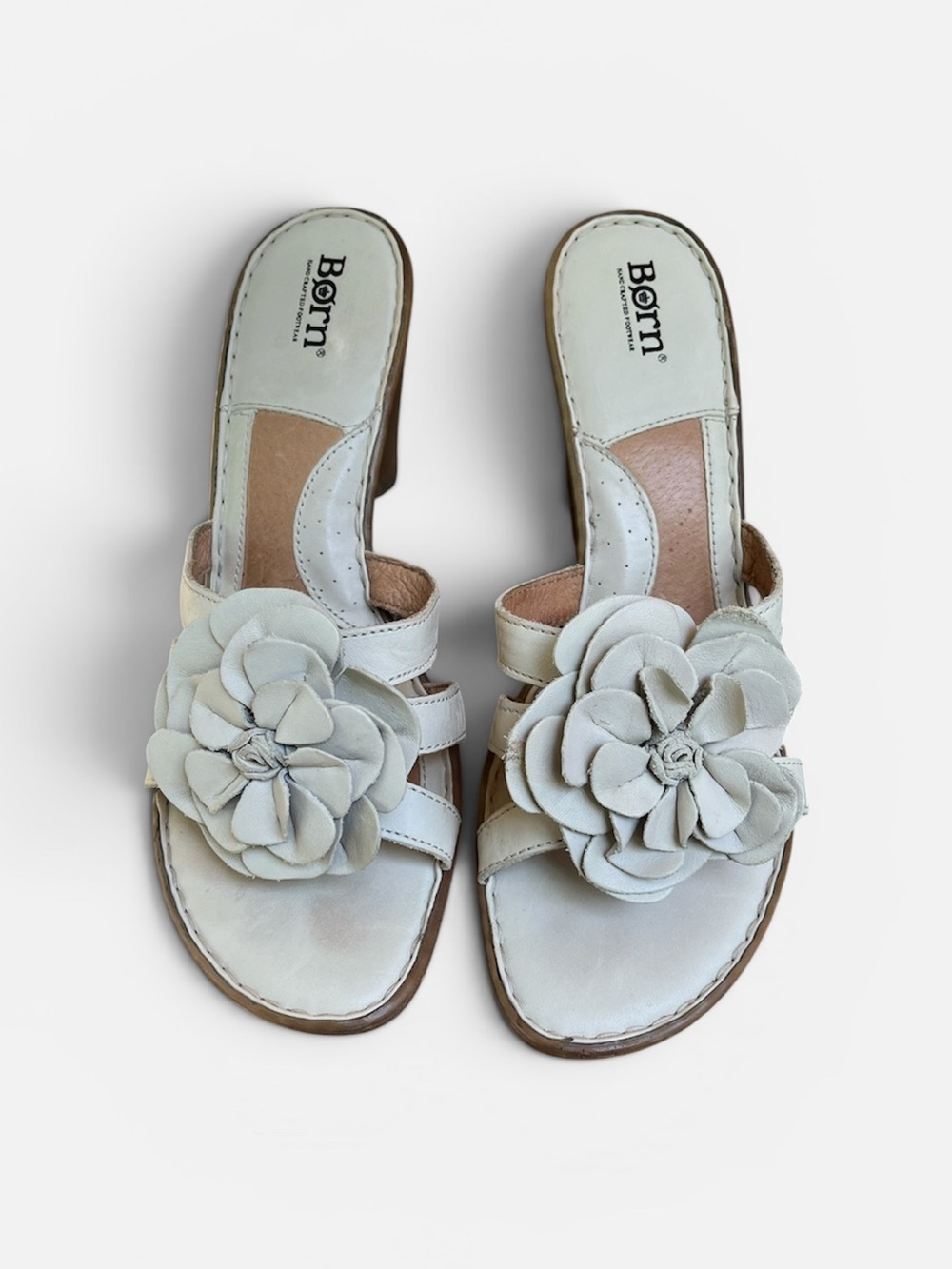 Børn Geranium Leather Flower Wedge Sandals Slide Heel in White Sz 11